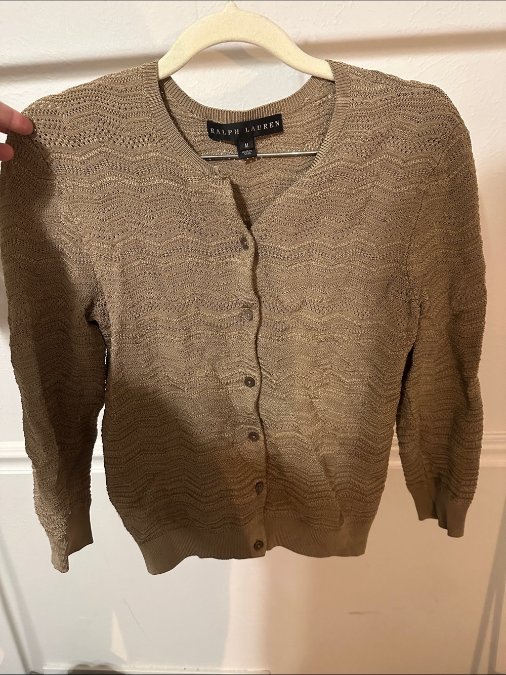 Ralph Lauren Tan Textured Knit Button Cardigan